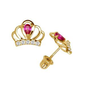 14K Solid Gold Royal Crown Screwback Studs Earrings with July Ruby Birthstone